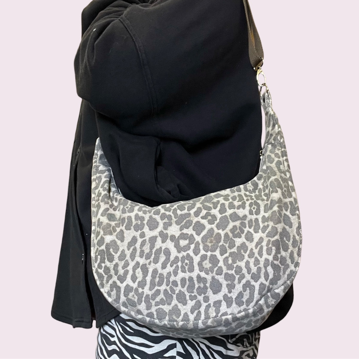 Upcycled Leopard Print Crossbody Half Moon Bag