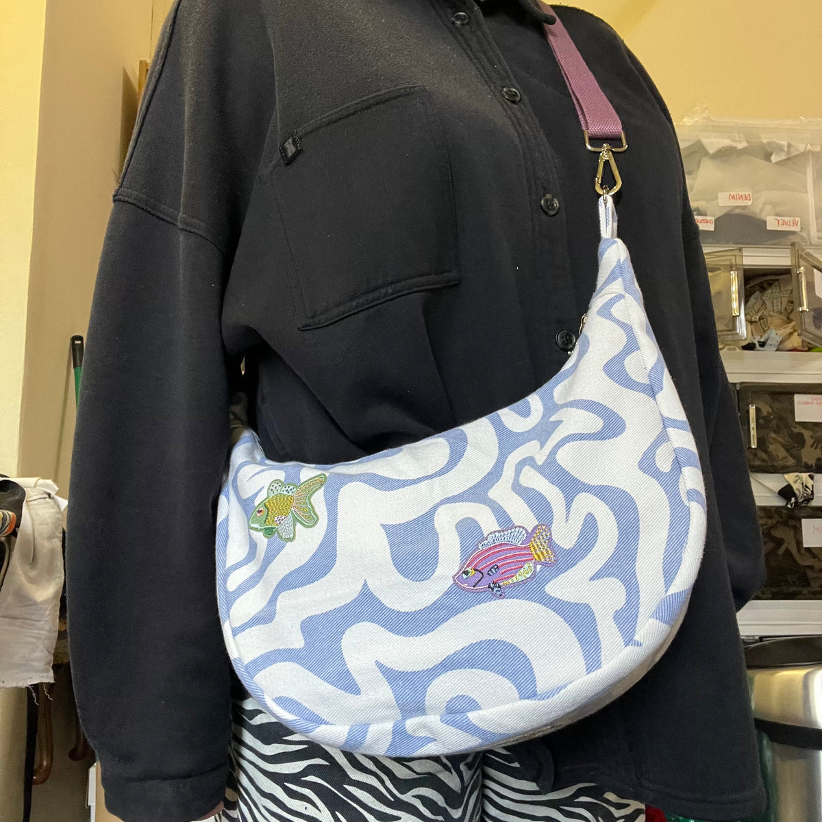 Upcycled Deep Sea Denim Crossbody Half Moon Bag