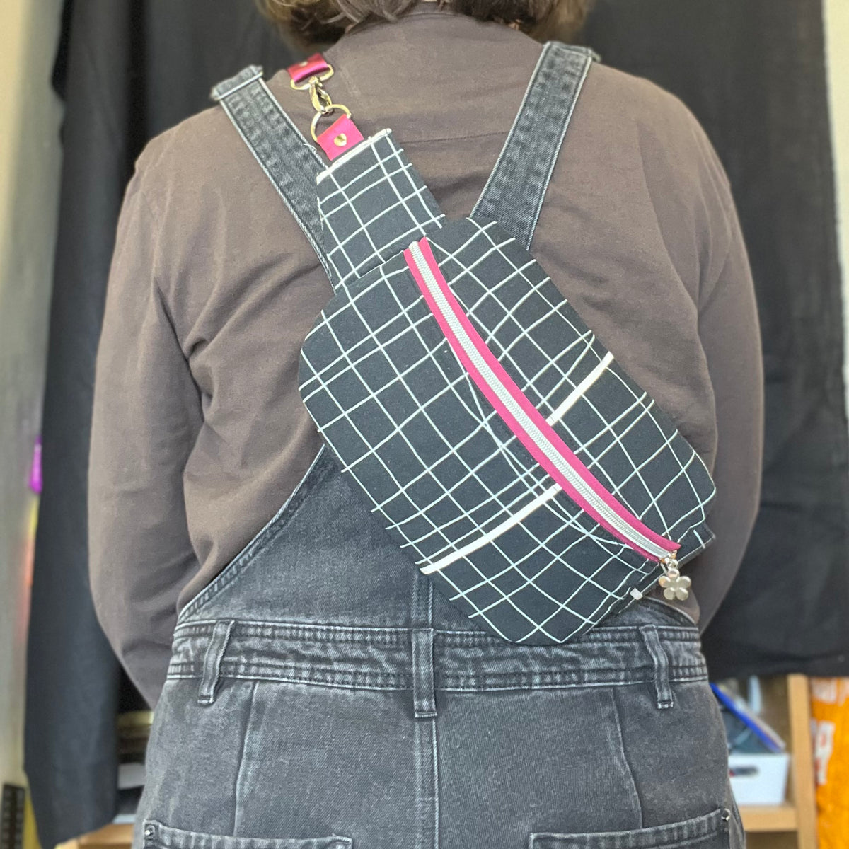 Upcycled Distorted Check Sling Bag, Sustainable Crossbody Accessory