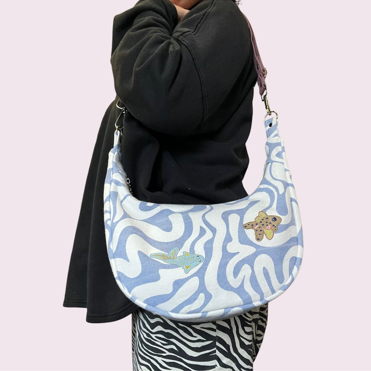 Upcycled Deep Sea Denim Crossbody Half Moon Bag