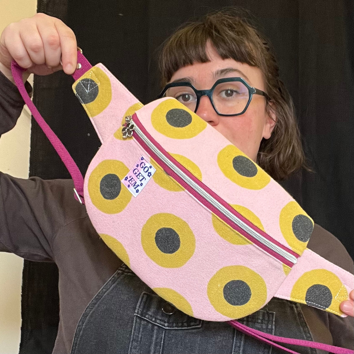 Upcycled Pink Yellow Retro Sling Bag, Vintage Inspired Streetwear Bum Bag
