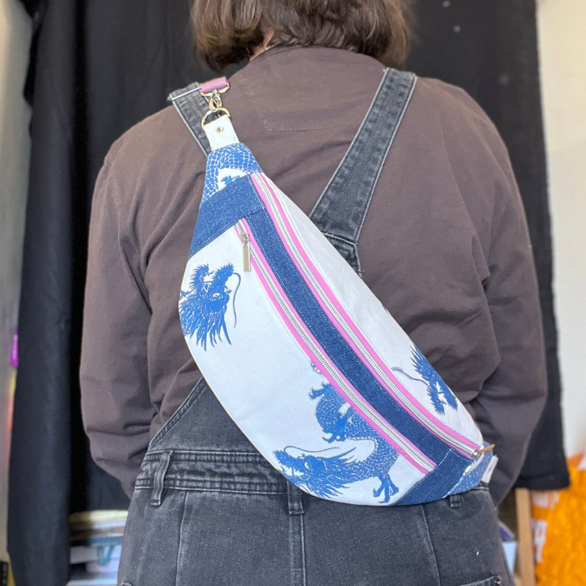 Upcycled Denim Dragon Bum Bag, Handmade Crossbody Festival Bag